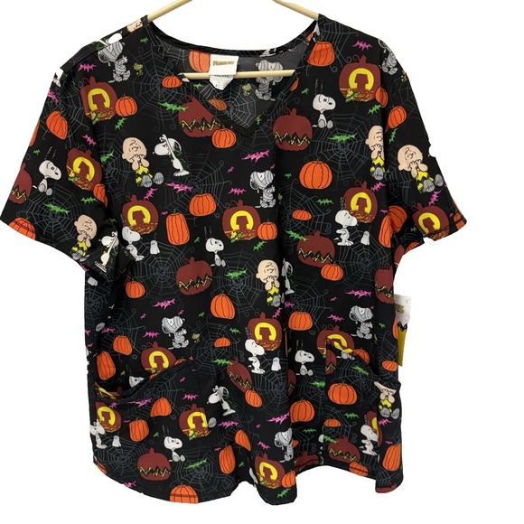 Peanuts Halloween Scrub Top Womens Size 2XL V-Neck Pockets Charlie Brown Snoopy - Picture 1 of 4